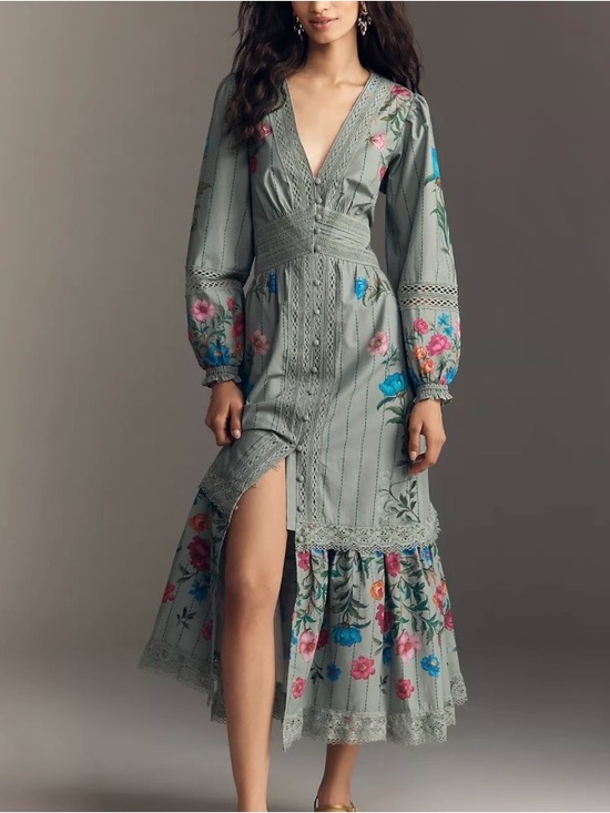Anthropologie Dresses & Skirts - Anthropologie Floral V-Neck Lace-Trim Maxi Dress in Sage Green